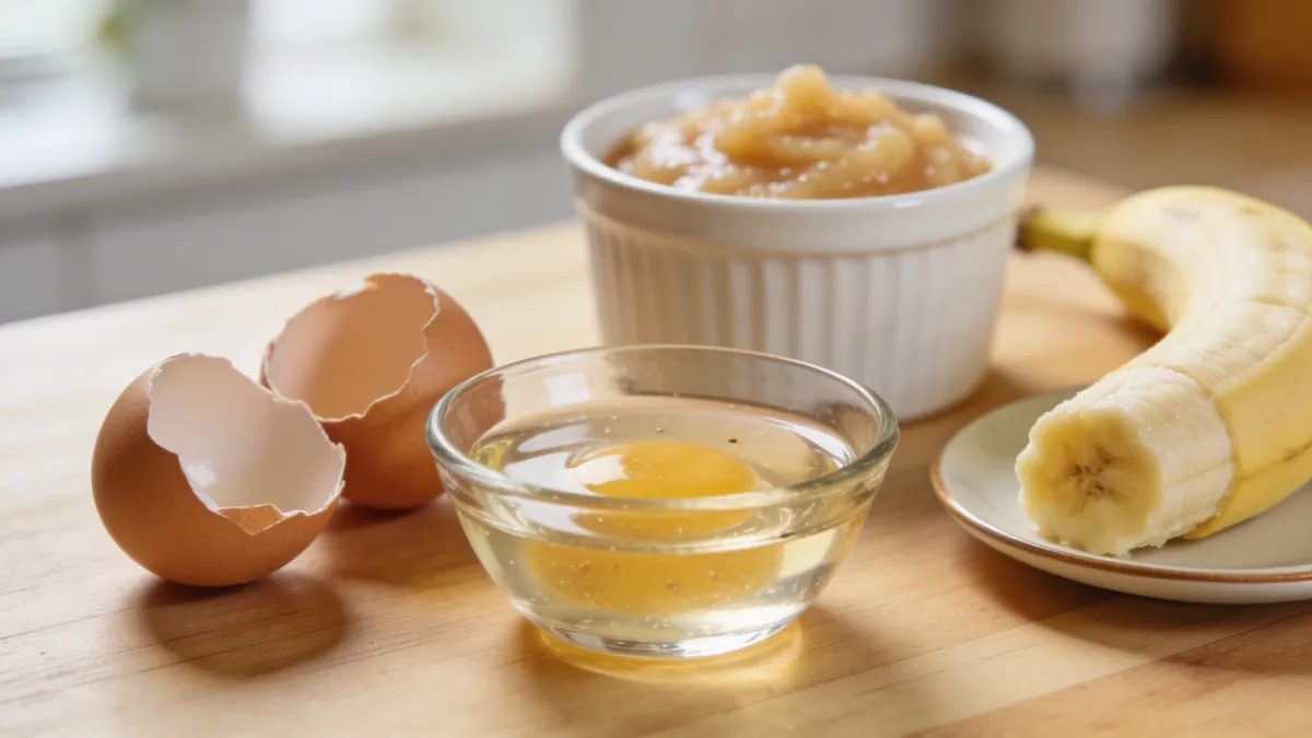 Flax egg in a glass bowl next to cracked eggs, applesauce, and mashed banana as egg substitutes for baking