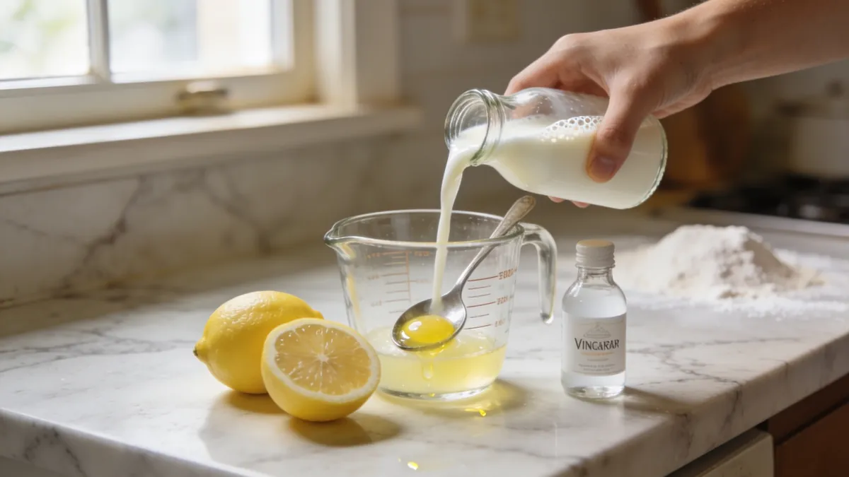 Making a buttermilk substitute by pouring milk over lemon juice in a glass measuring cup