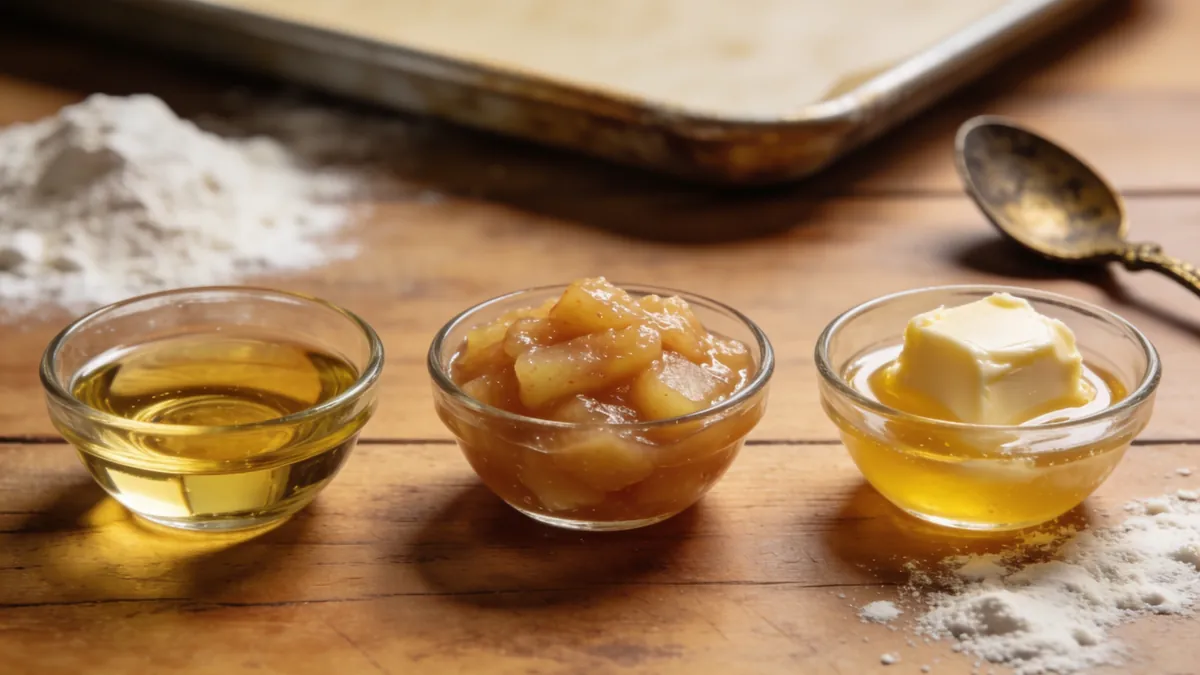 Vegetable oil, applesauce, and melted butter side by side as oil substitutes for a baking recipe