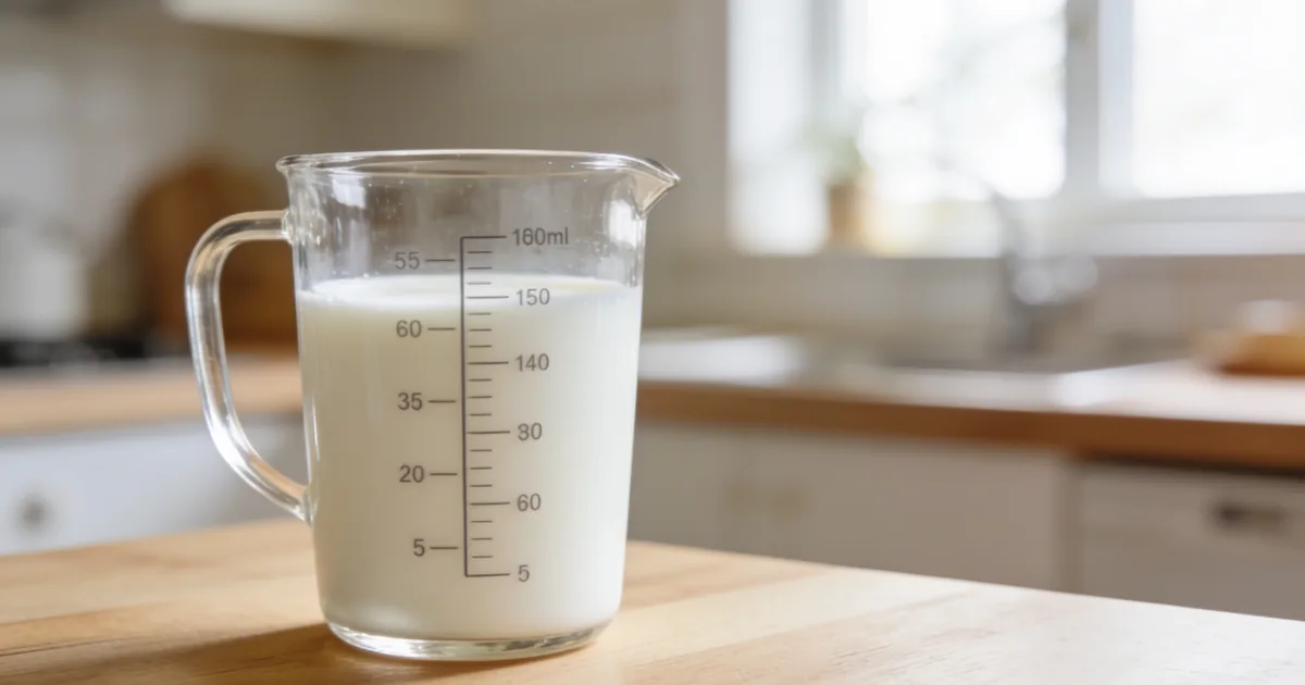 How many mL in a cup: a glass measuring cup filled with milk showing milliliter markings on a kitchen counter
