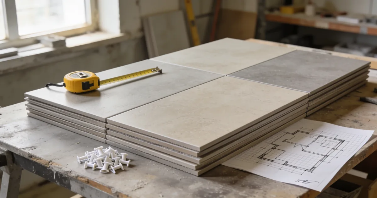 How many tiles do I need: stacked porcelain tiles with a tape measure, spacers, and a sketched floor plan on a workbench