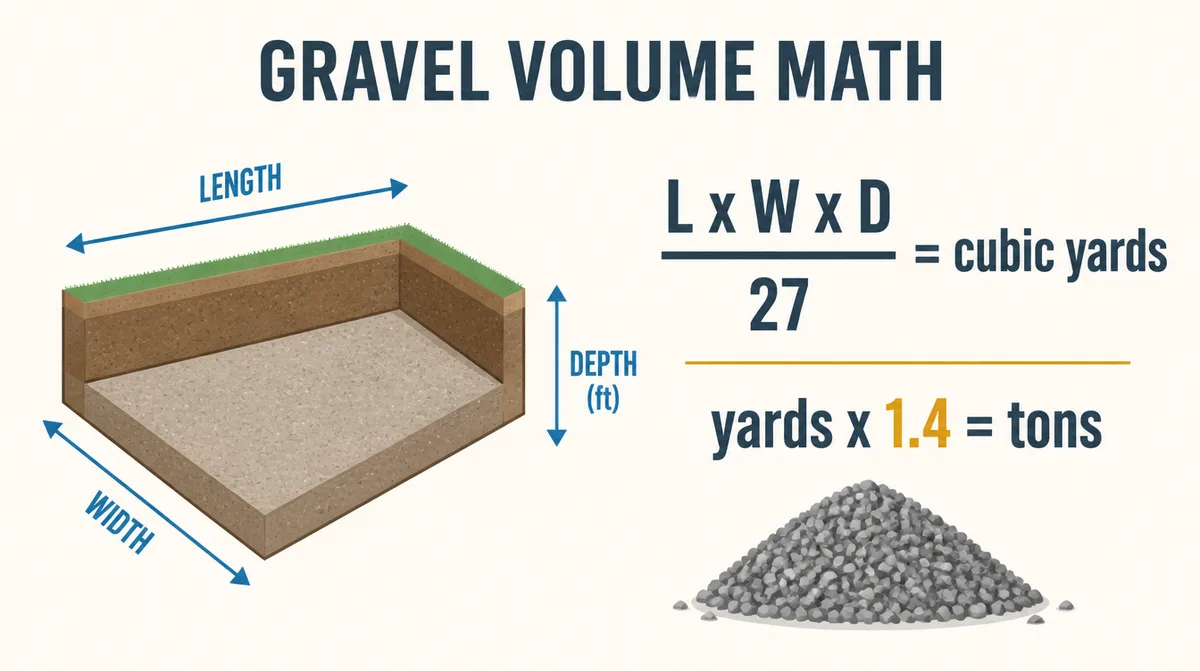 How much gravel do I need formula: length times width times depth in feet, divided by 27, times 1.4 for tons
