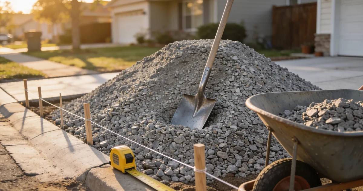 How much gravel do I need: a pile of crushed gravel with a shovel, wheelbarrow, and tape measure beside a marked-out driveway