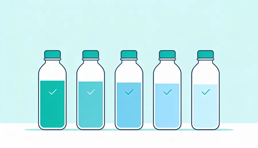 A row of reusable water bottles filled to different levels to track a daily hydration goal