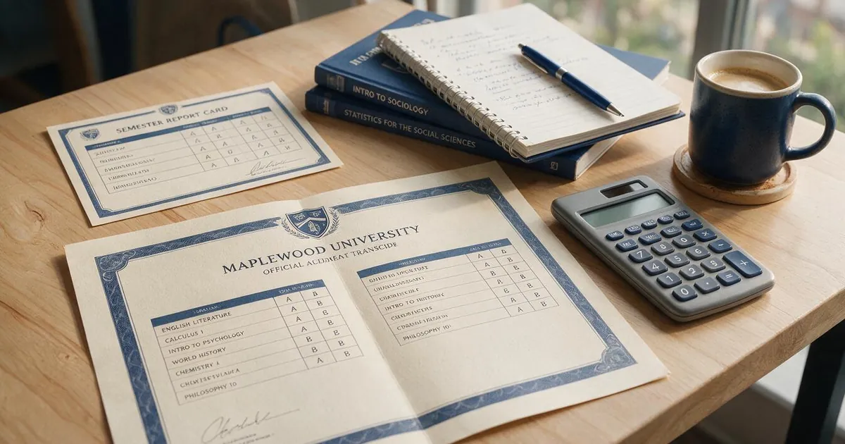 How to calculate GPA on a 4.0 scale: a report card, a transcript with grade points, and a calculator on a study desk
