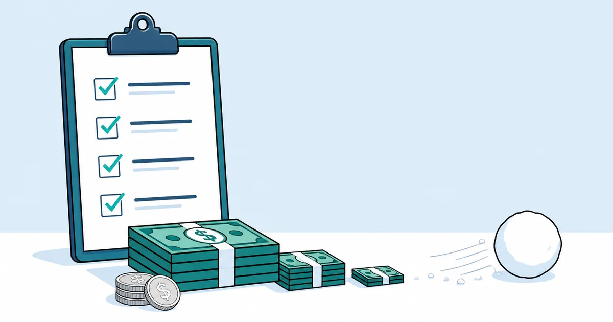 A written debt payoff plan listing four debts beside a shrinking stack of bills, showing how to get out of debt step by step