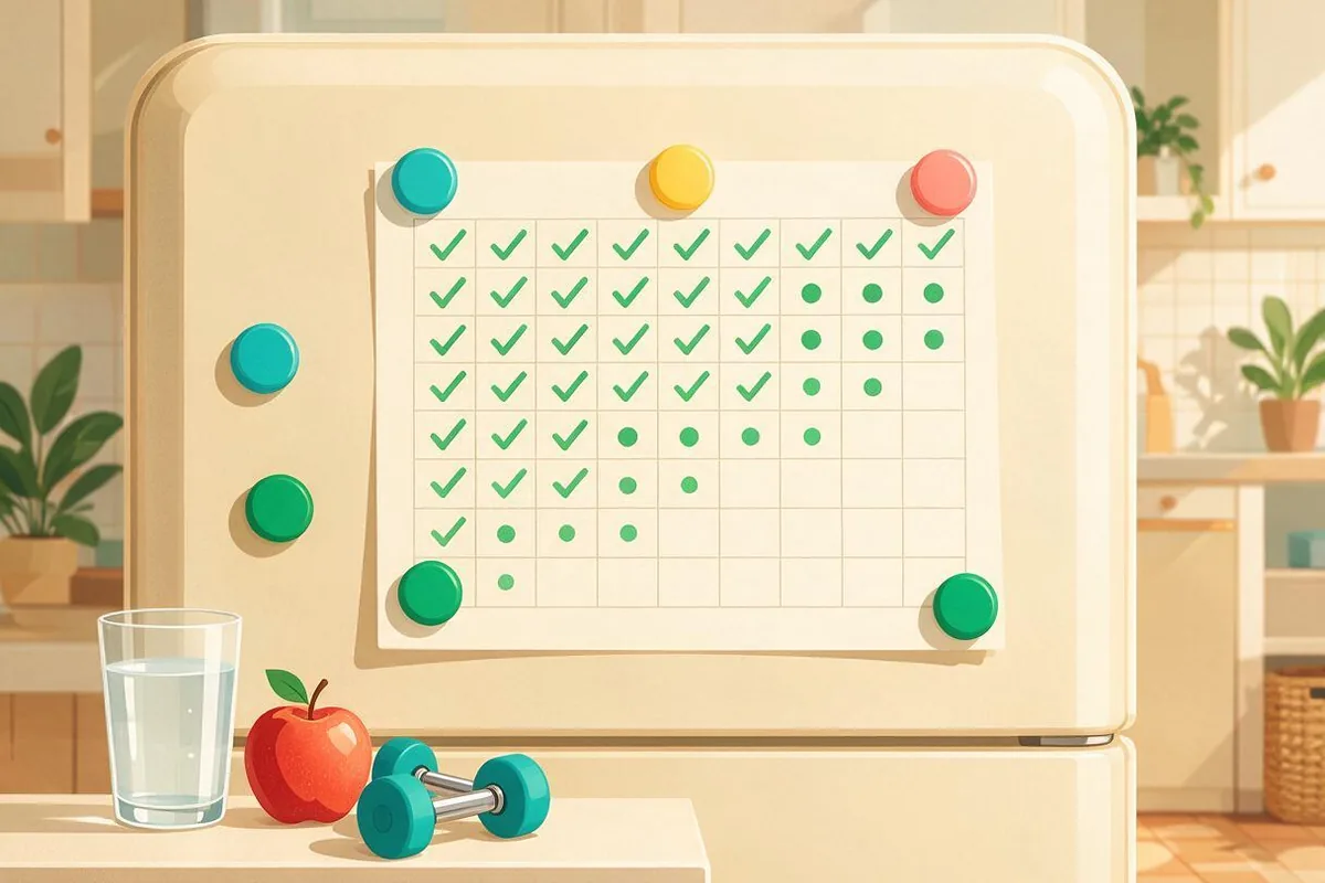 A week-by-week habit tracker on a fridge showing small changes being added one at a time