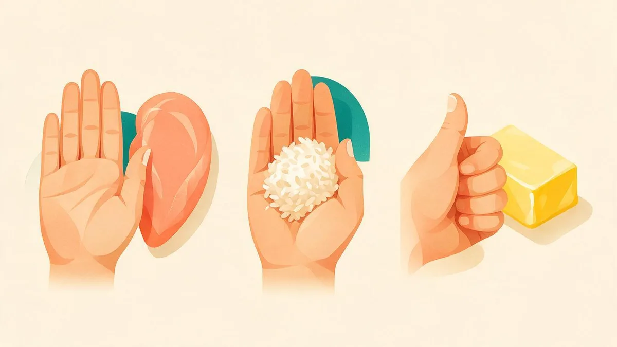 A hand showing the palm, cupped hand, and thumb portion method for counting macros without an app