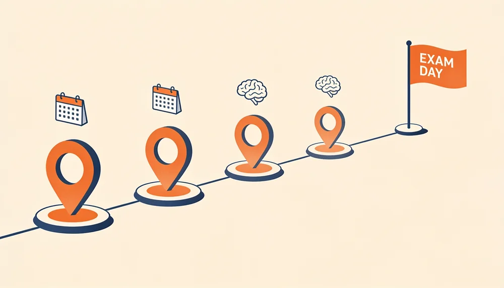 Timeline showing spaced repetition reviews at day 1, 3, 7, 14, and 30 leading up to an exam date