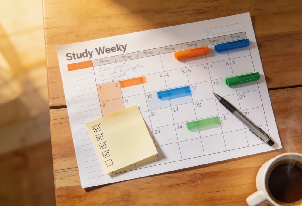 Weekly study planner on a desk with color-coded blocks and a checked-off self-quiz list