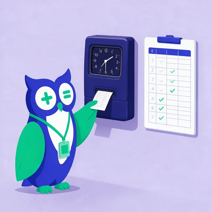 Calcowa owl clocking in at a punch clock at the start of a shift