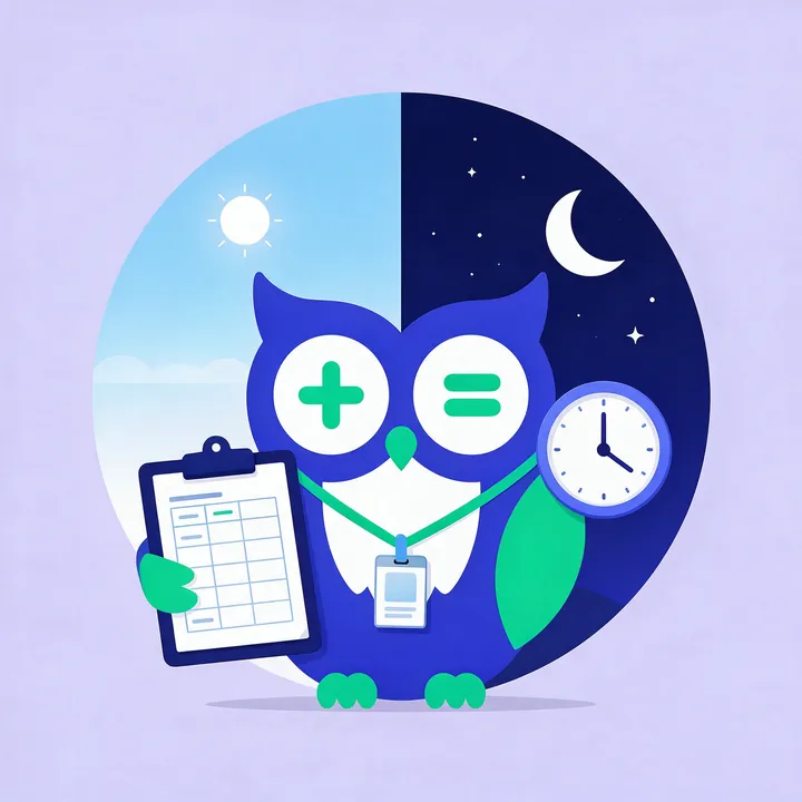 Calcowa owl holding a timesheet in front of a day and night sky