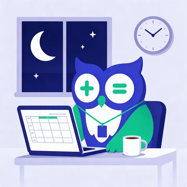 Calcowa owl working the night shift, with the moon in the window and the clock just past 10 pm