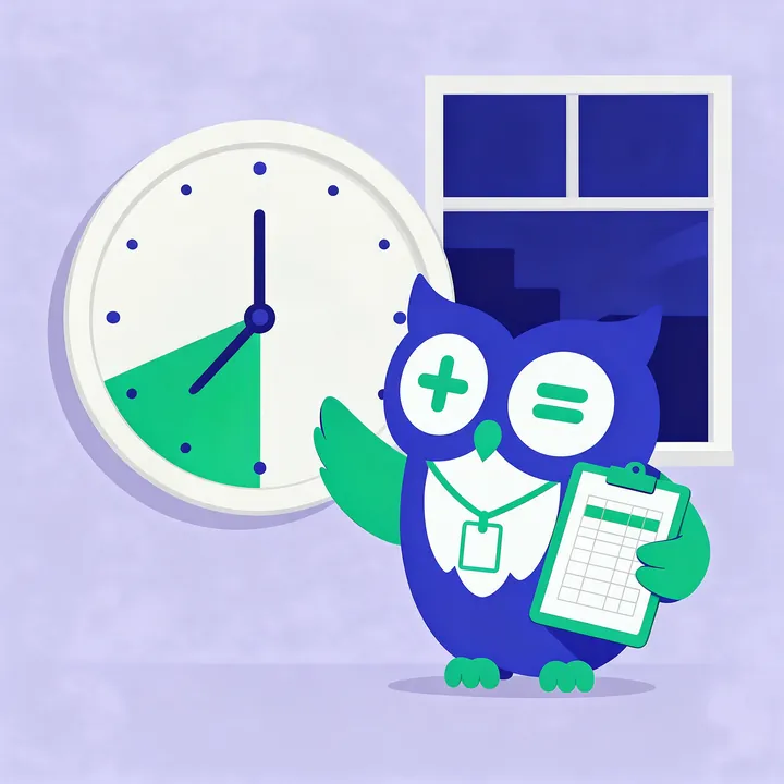 Calcowa owl next to a clock with the overtime hours highlighted
